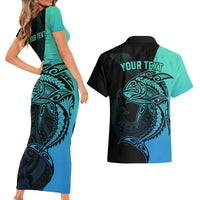 Personalised Polynesia Fishing Couples Matching Short Sleeve Bodycon Dress and Hawaiian Shirt With Maori Hei Matau Fish Hook Turquoise Art LT9 - Wonder Print Shop