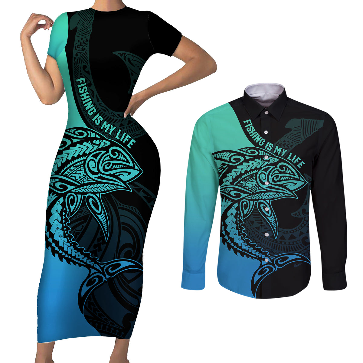 Personalised Polynesia Fishing Couples Matching Short Sleeve Bodycon Dress and Long Sleeve Button Shirts With Maori Hei Matau Fish Hook Turquoise Art LT9 - Wonder Print Shop