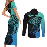 Personalised Polynesia Fishing Couples Matching Short Sleeve Bodycon Dress and Long Sleeve Button Shirts With Maori Hei Matau Fish Hook Turquoise Art LT9 - Wonder Print Shop