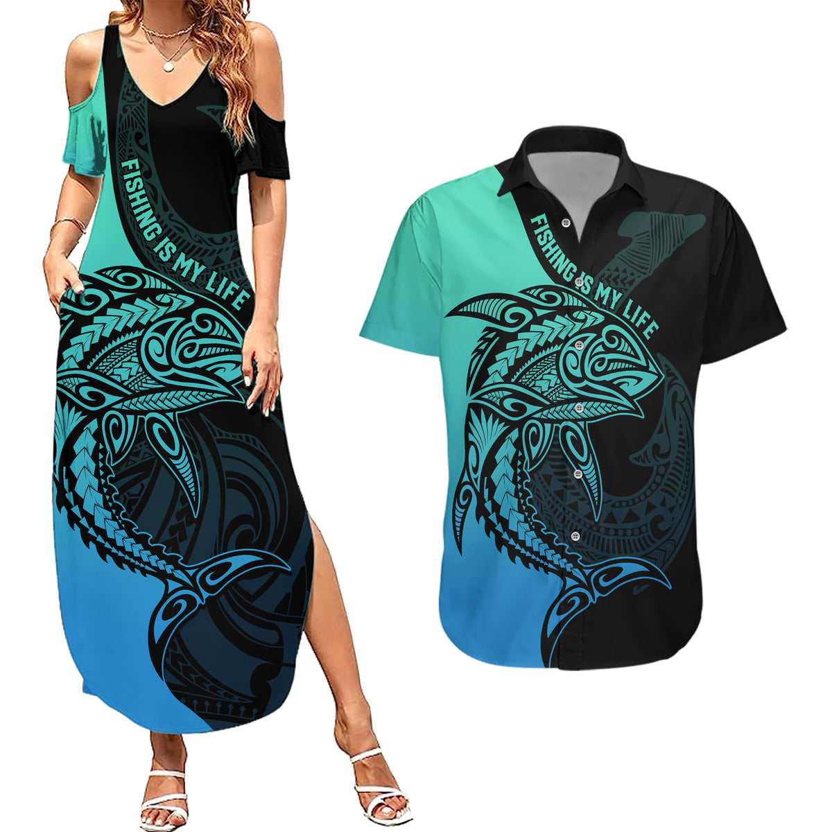 Personalised Polynesia Fishing Couples Matching Summer Maxi Dress and Hawaiian Shirt With Maori Hei Matau Fish Hook Turquoise Art LT9 - Wonder Print Shop