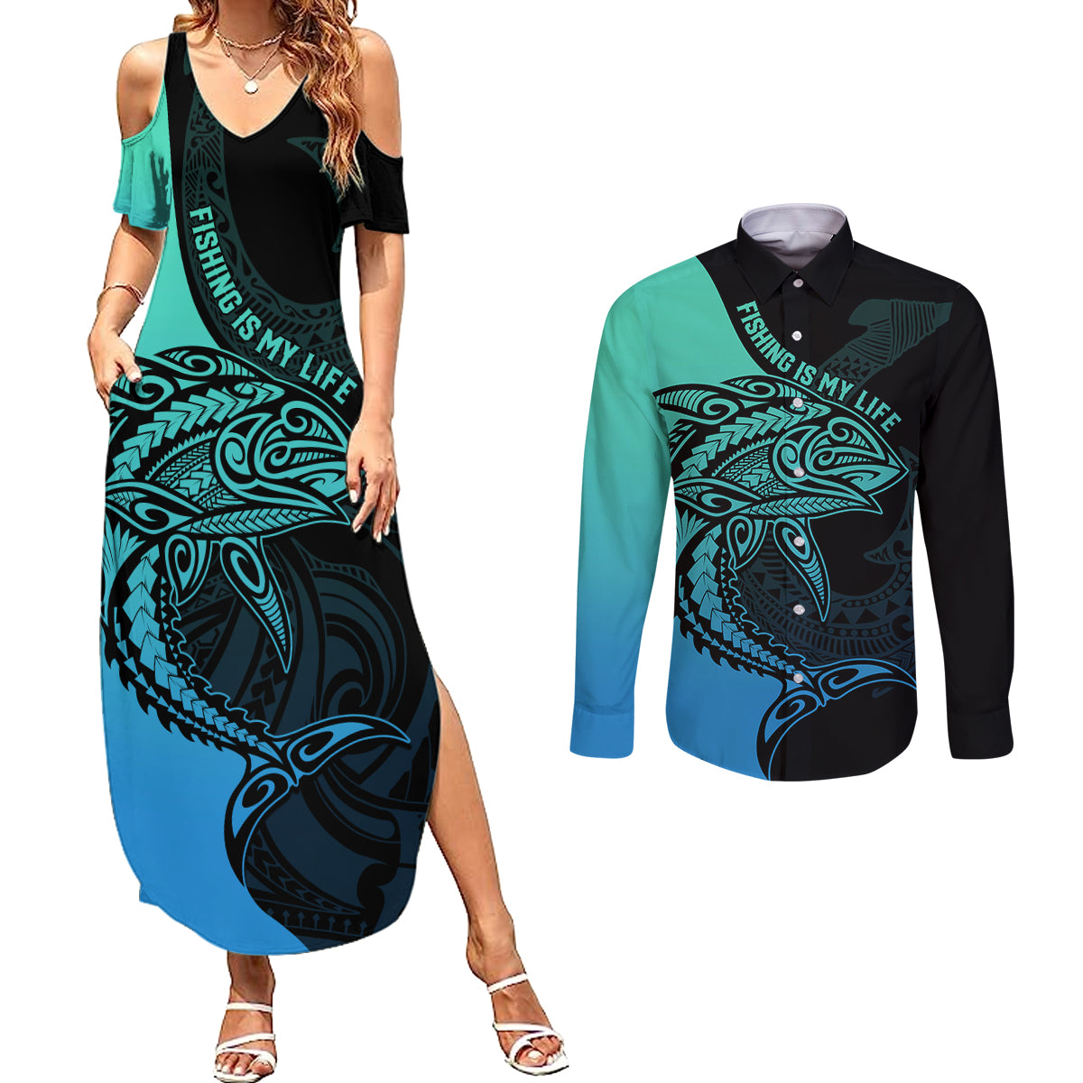 Personalised Polynesia Fishing Couples Matching Summer Maxi Dress and Long Sleeve Button Shirts With Maori Hei Matau Fish Hook Turquoise Art LT9 - Wonder Print Shop