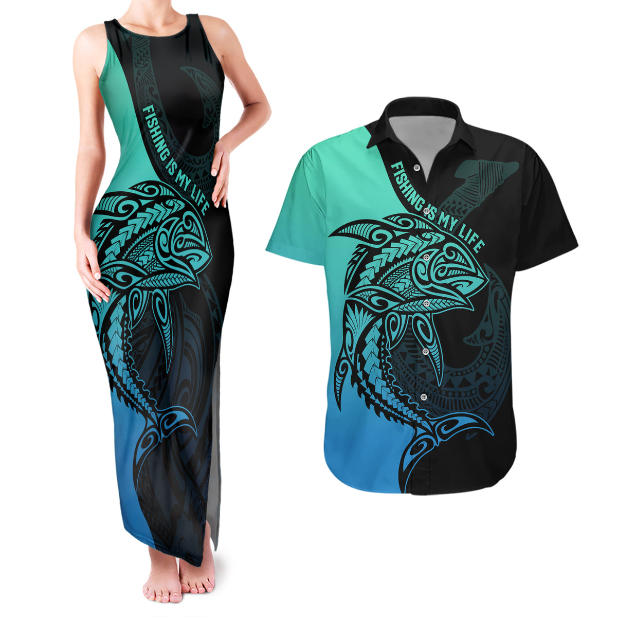 Personalised Polynesia Fishing Couples Matching Tank Maxi Dress and Hawaiian Shirt With Maori Hei Matau Fish Hook Turquoise Art LT9 - Wonder Print Shop