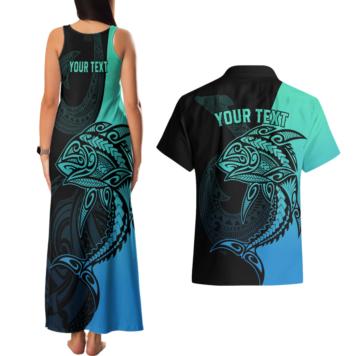 Personalised Polynesia Fishing Couples Matching Tank Maxi Dress and Hawaiian Shirt With Maori Hei Matau Fish Hook Turquoise Art LT9 - Wonder Print Shop