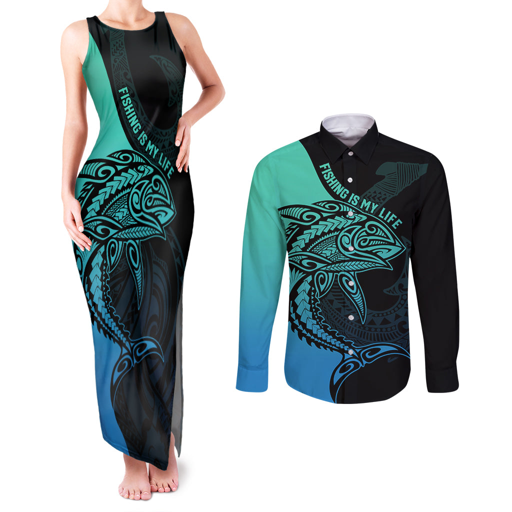 Personalised Polynesia Fishing Couples Matching Tank Maxi Dress and Long Sleeve Button Shirts With Maori Hei Matau Fish Hook Turquoise Art LT9 - Wonder Print Shop