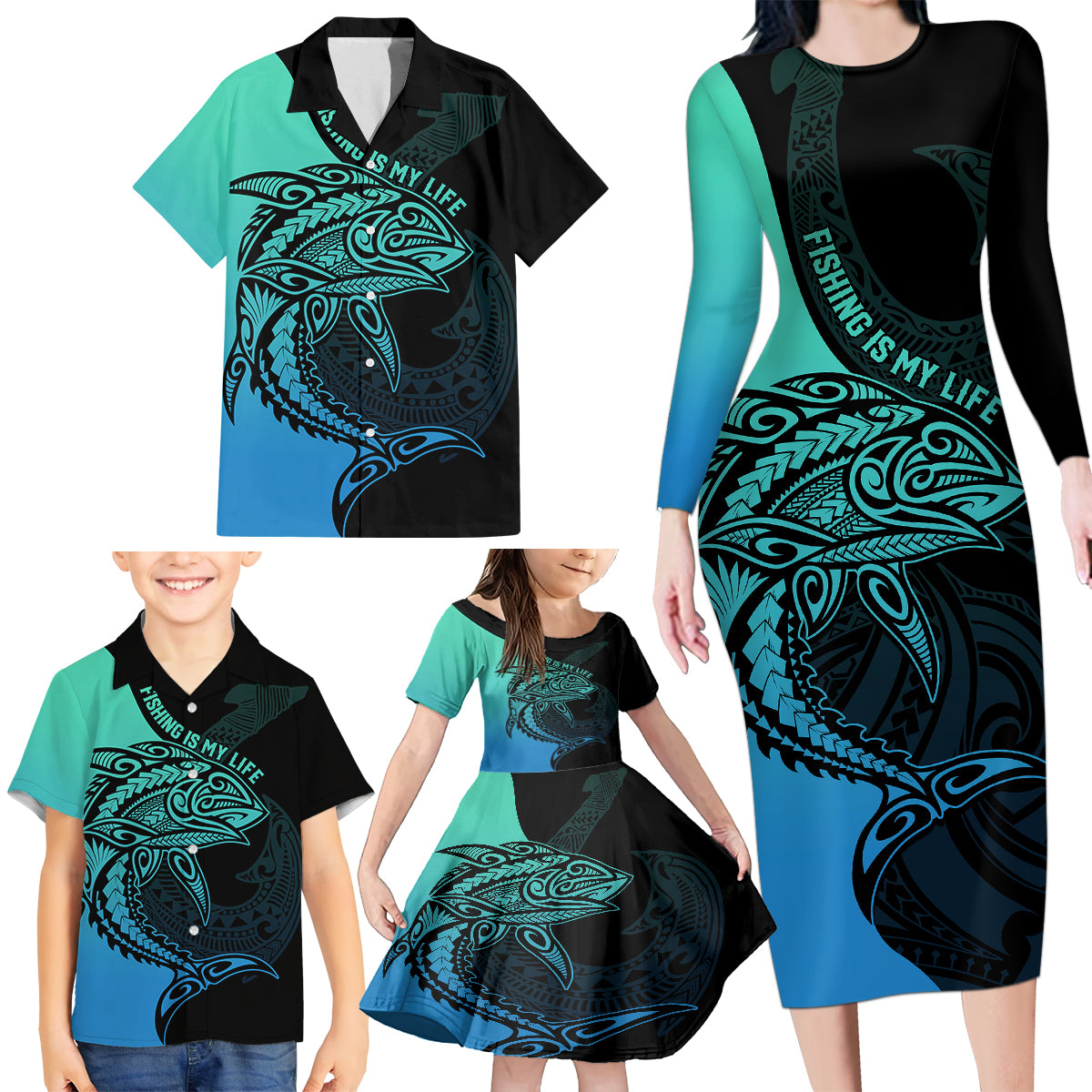 Personalised Polynesia Fishing Family Matching Long Sleeve Bodycon Dress and Hawaiian Shirt With Maori Hei Matau Fish Hook Turquoise Art LT9 - Wonder Print Shop