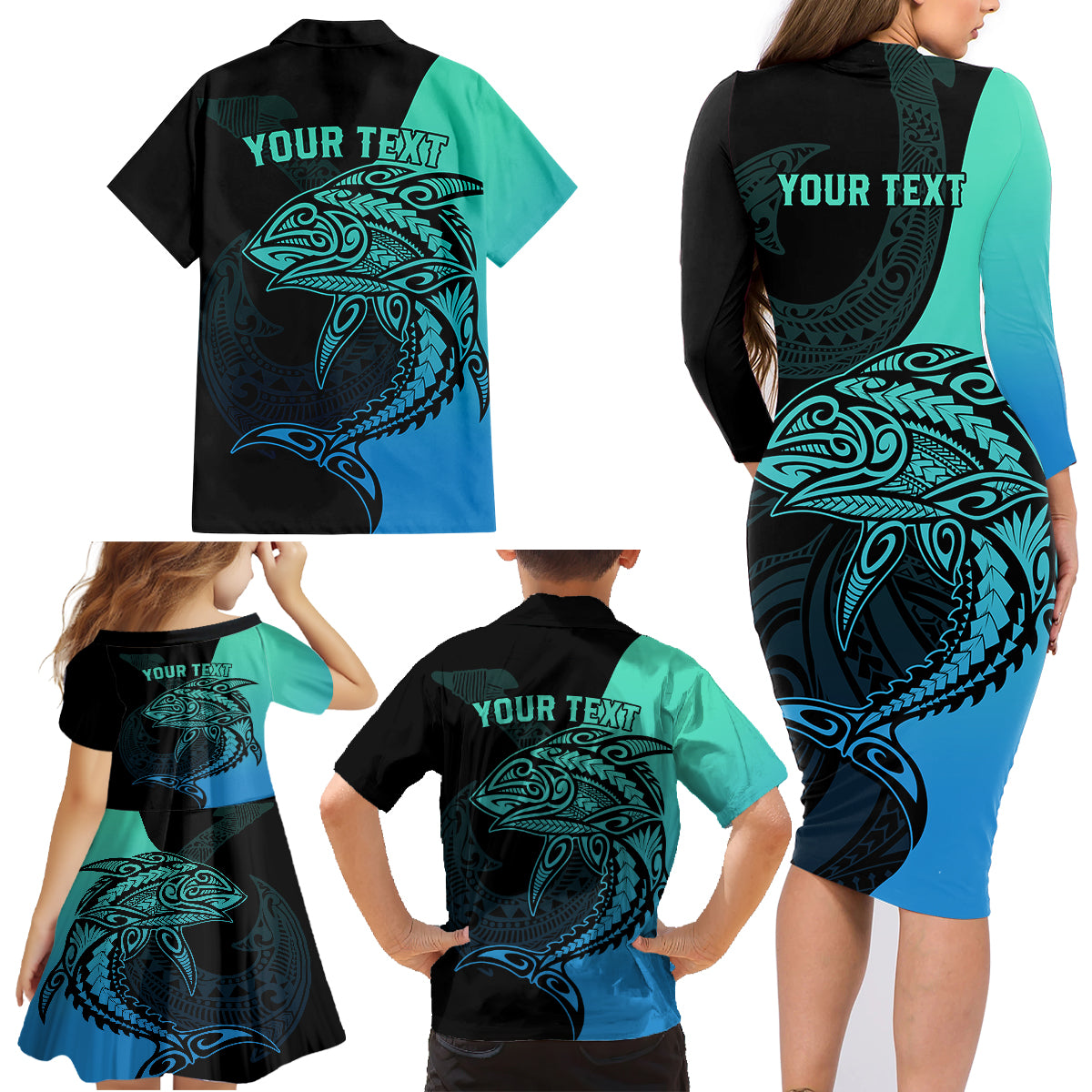 Personalised Polynesia Fishing Family Matching Long Sleeve Bodycon Dress and Hawaiian Shirt With Maori Hei Matau Fish Hook Turquoise Art LT9 - Wonder Print Shop