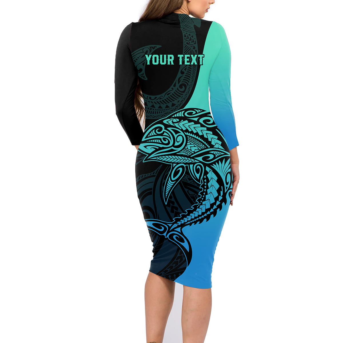 Personalised Polynesia Fishing Family Matching Long Sleeve Bodycon Dress and Hawaiian Shirt With Maori Hei Matau Fish Hook Turquoise Art LT9 - Wonder Print Shop