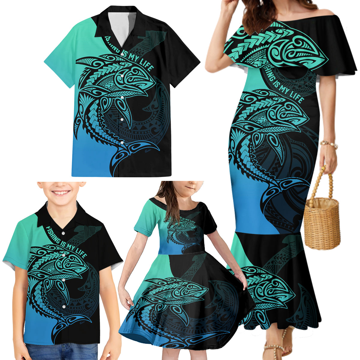Personalised Polynesia Fishing Family Matching Mermaid Dress and Hawaiian Shirt With Maori Hei Matau Fish Hook Turquoise Art LT9 - Wonder Print Shop