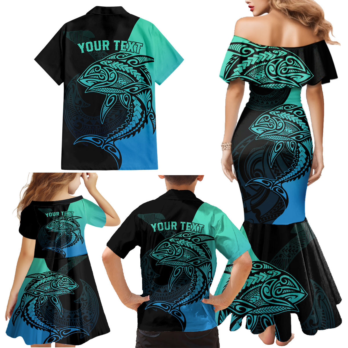 Personalised Polynesia Fishing Family Matching Mermaid Dress and Hawaiian Shirt With Maori Hei Matau Fish Hook Turquoise Art LT9 - Wonder Print Shop