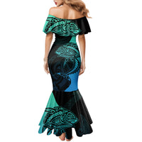 Personalised Polynesia Fishing Family Matching Mermaid Dress and Hawaiian Shirt With Maori Hei Matau Fish Hook Turquoise Art LT9 - Wonder Print Shop