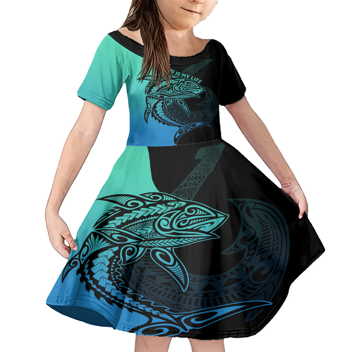 Personalised Polynesia Fishing Family Matching Off Shoulder Long Sleeve Dress and Hawaiian Shirt With Maori Hei Matau Fish Hook Turquoise Art - Wonder Print Shop