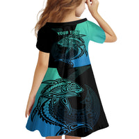 Personalised Polynesia Fishing Family Matching Off Shoulder Long Sleeve Dress and Hawaiian Shirt With Maori Hei Matau Fish Hook Turquoise Art - Wonder Print Shop