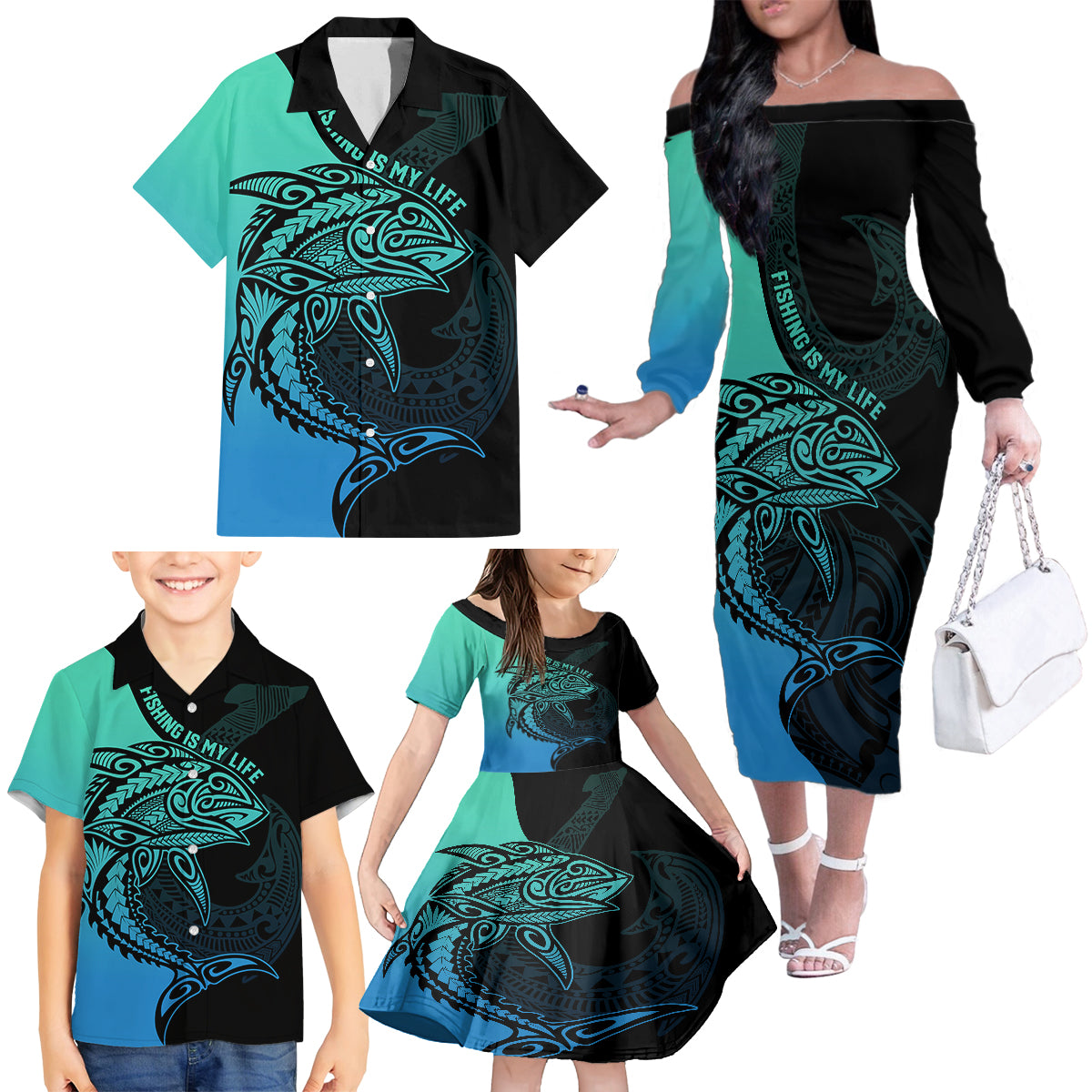Personalised Polynesia Fishing Family Matching Off Shoulder Long Sleeve Dress and Hawaiian Shirt With Maori Hei Matau Fish Hook Turquoise Art - Wonder Print Shop