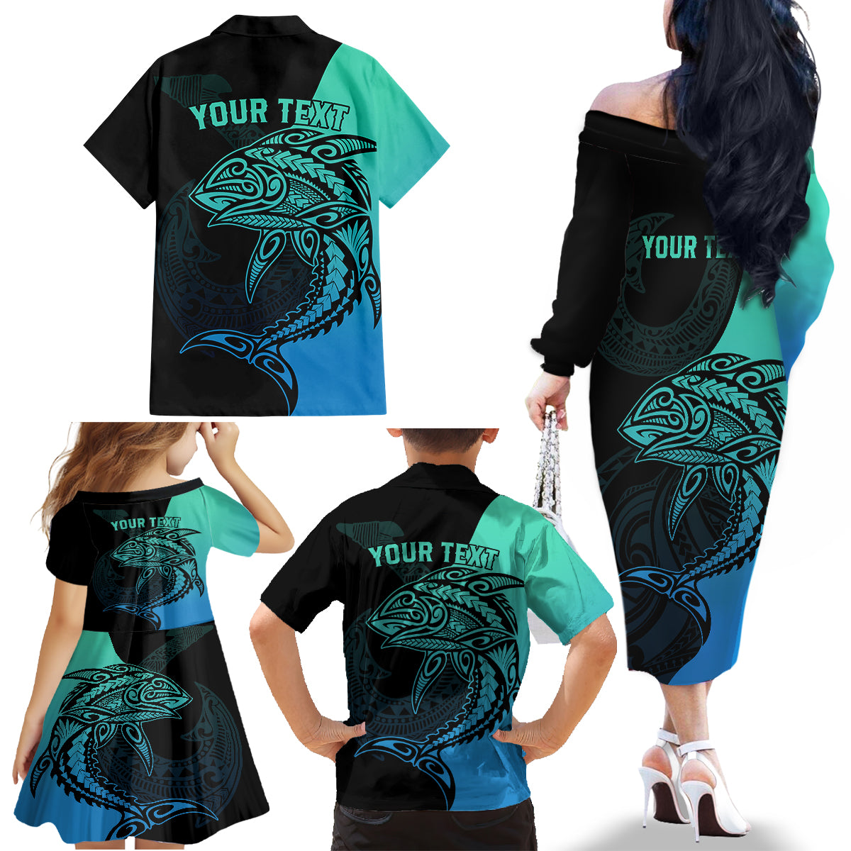Personalised Polynesia Fishing Family Matching Off Shoulder Long Sleeve Dress and Hawaiian Shirt With Maori Hei Matau Fish Hook Turquoise Art - Wonder Print Shop