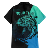 Personalised Polynesia Fishing Family Matching Off Shoulder Long Sleeve Dress and Hawaiian Shirt With Maori Hei Matau Fish Hook Turquoise Art - Wonder Print Shop