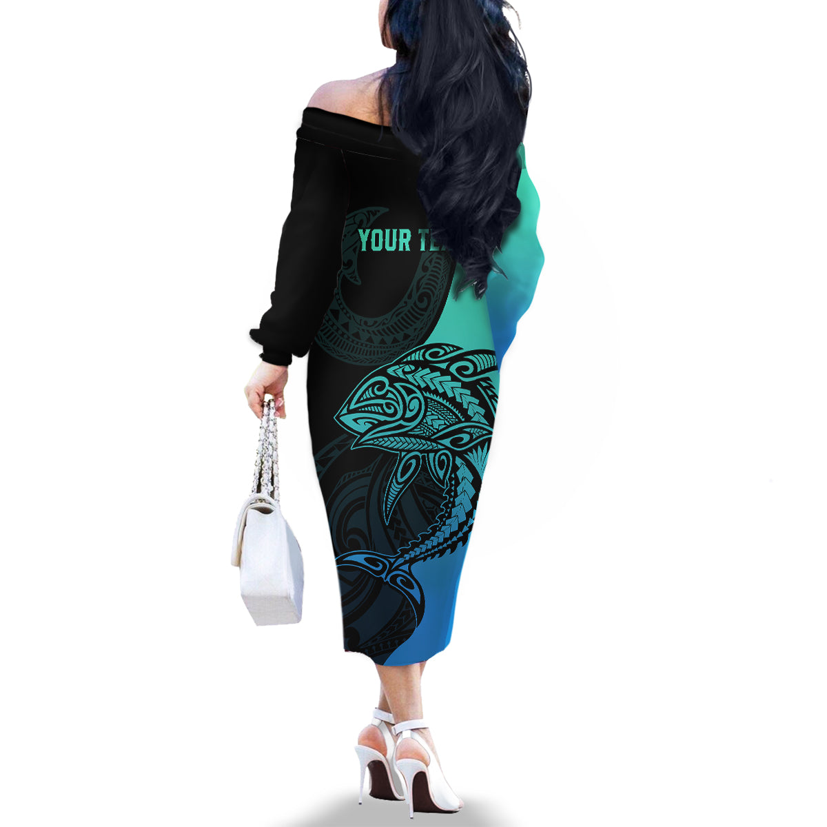 Personalised Polynesia Fishing Family Matching Off Shoulder Long Sleeve Dress and Hawaiian Shirt With Maori Hei Matau Fish Hook Turquoise Art - Wonder Print Shop