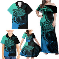 Personalised Polynesia Fishing Family Matching Off Shoulder Maxi Dress and Hawaiian Shirt With Maori Hei Matau Fish Hook Turquoise Art LT9 - Wonder Print Shop