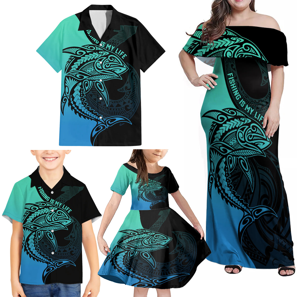 Personalised Polynesia Fishing Family Matching Off Shoulder Maxi Dress and Hawaiian Shirt With Maori Hei Matau Fish Hook Turquoise Art LT9 - Wonder Print Shop