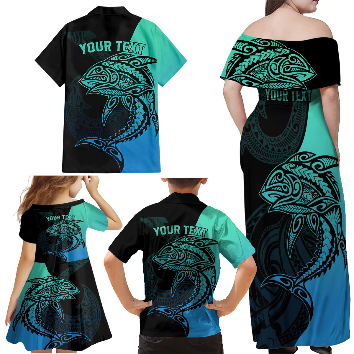 Personalised Polynesia Fishing Family Matching Off Shoulder Maxi Dress and Hawaiian Shirt With Maori Hei Matau Fish Hook Turquoise Art LT9 - Wonder Print Shop