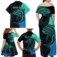 Personalised Polynesia Fishing Family Matching Off Shoulder Maxi Dress and Hawaiian Shirt With Maori Hei Matau Fish Hook Turquoise Art LT9 - Wonder Print Shop