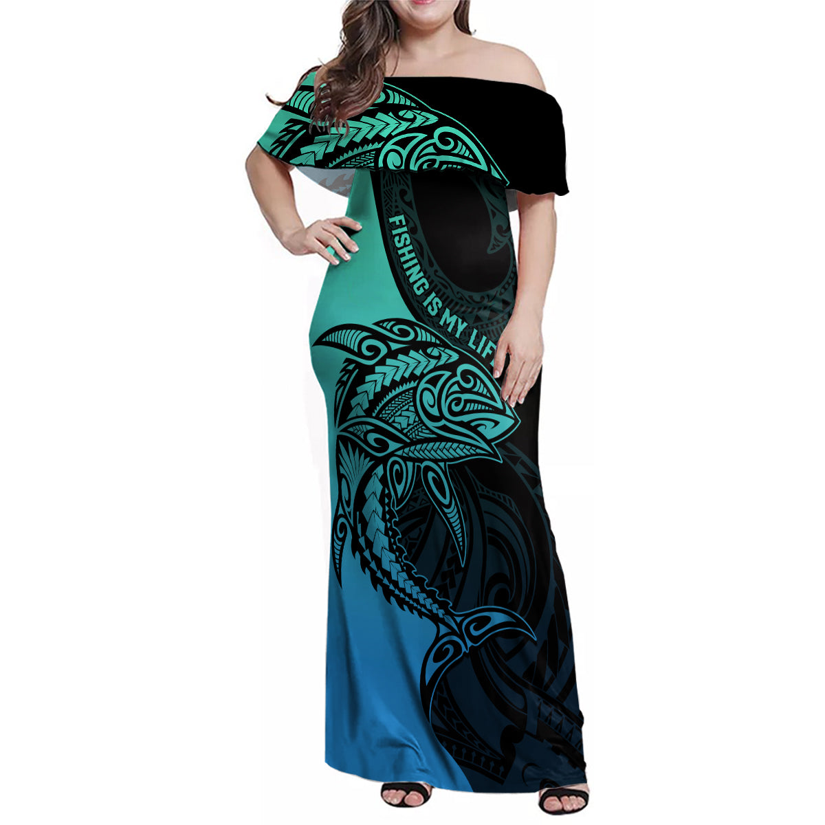 Personalised Polynesia Fishing Family Matching Off Shoulder Maxi Dress and Hawaiian Shirt With Maori Hei Matau Fish Hook Turquoise Art LT9 - Wonder Print Shop