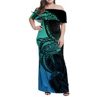 Personalised Polynesia Fishing Family Matching Off Shoulder Maxi Dress and Hawaiian Shirt With Maori Hei Matau Fish Hook Turquoise Art LT9 - Wonder Print Shop