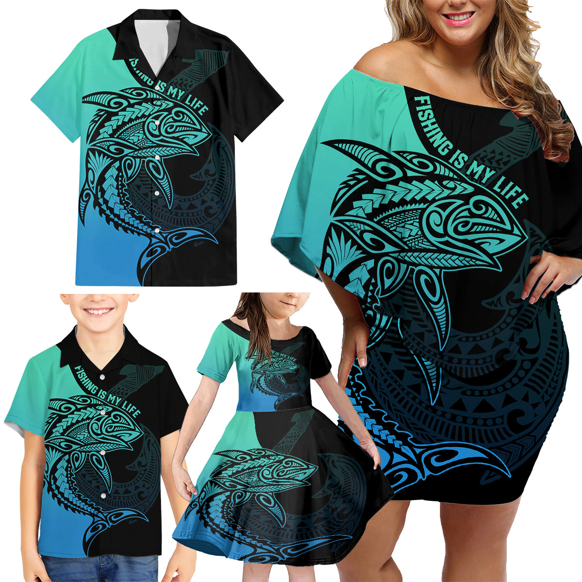 Personalised Polynesia Fishing Family Matching Off Shoulder Short Dress and Hawaiian Shirt With Maori Hei Matau Fish Hook Turquoise Art LT9 - Wonder Print Shop