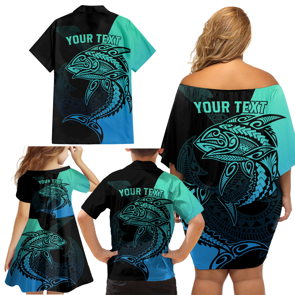 Personalised Polynesia Fishing Family Matching Off Shoulder Short Dress and Hawaiian Shirt With Maori Hei Matau Fish Hook Turquoise Art LT9 - Wonder Print Shop