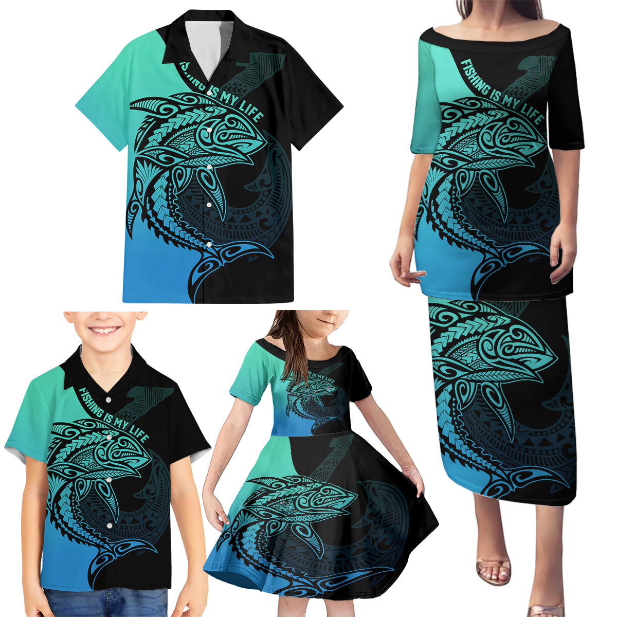 Personalised Polynesia Fishing Family Matching Puletasi Dress and Hawaiian Shirt With Maori Hei Matau Fish Hook Turquoise Art - Wonder Print Shop