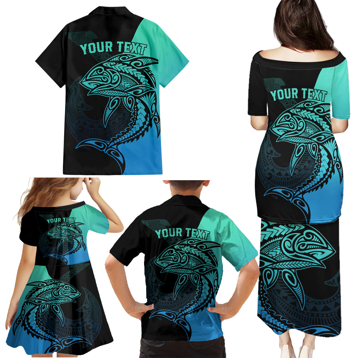 Personalised Polynesia Fishing Family Matching Puletasi Dress and Hawaiian Shirt With Maori Hei Matau Fish Hook Turquoise Art - Wonder Print Shop