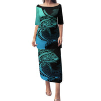 Personalised Polynesia Fishing Family Matching Puletasi Dress and Hawaiian Shirt With Maori Hei Matau Fish Hook Turquoise Art - Wonder Print Shop