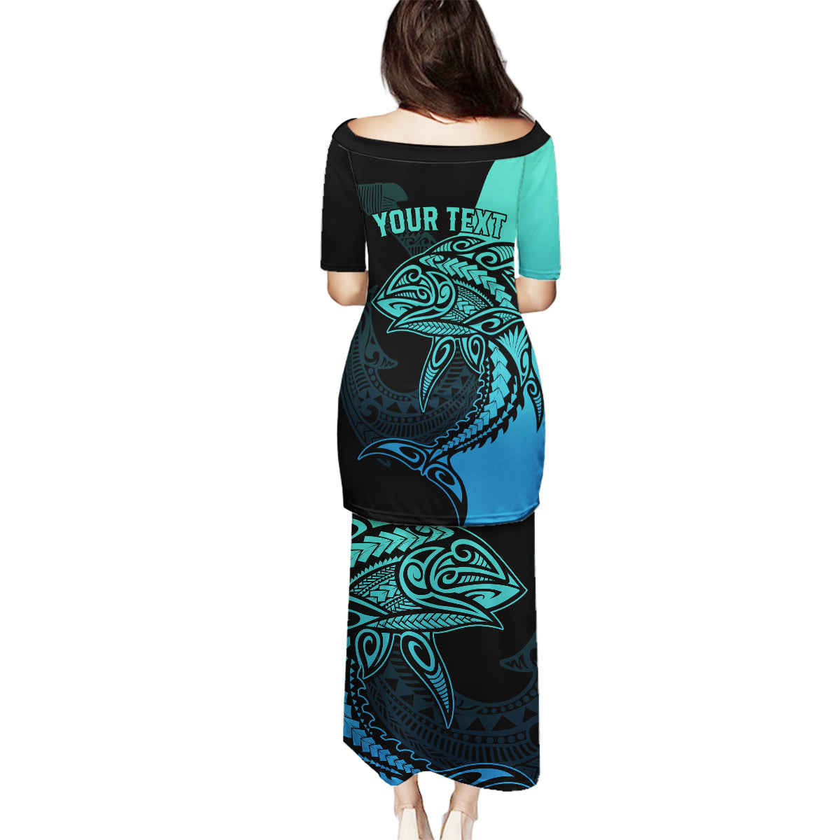 Personalised Polynesia Fishing Family Matching Puletasi Dress and Hawaiian Shirt With Maori Hei Matau Fish Hook Turquoise Art - Wonder Print Shop