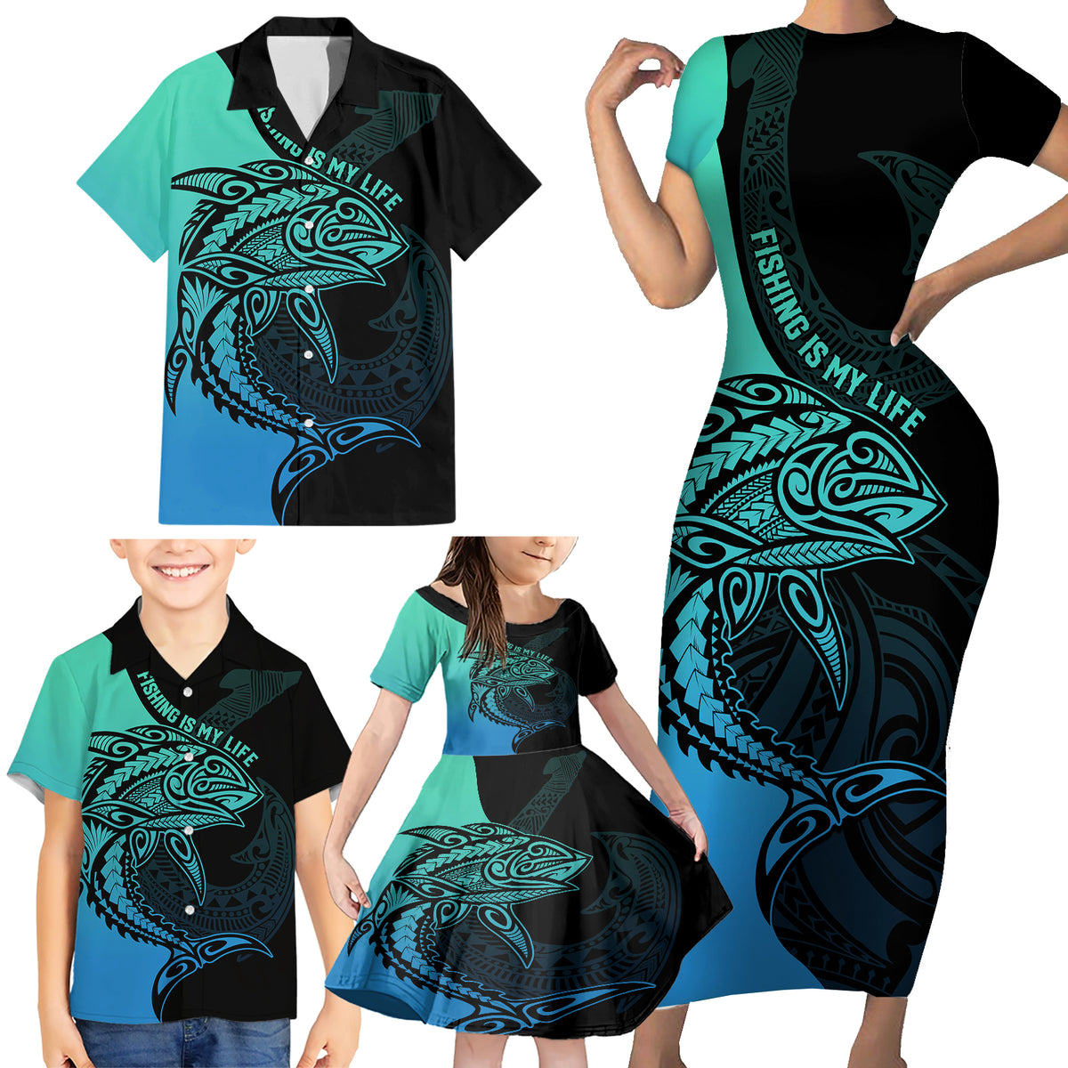Personalised Polynesia Fishing Family Matching Short Sleeve Bodycon Dress and Hawaiian Shirt With Maori Hei Matau Fish Hook Turquoise Art - Wonder Print Shop