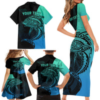 Personalised Polynesia Fishing Family Matching Short Sleeve Bodycon Dress and Hawaiian Shirt With Maori Hei Matau Fish Hook Turquoise Art - Wonder Print Shop