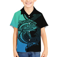 Personalised Polynesia Fishing Family Matching Short Sleeve Bodycon Dress and Hawaiian Shirt With Maori Hei Matau Fish Hook Turquoise Art - Wonder Print Shop