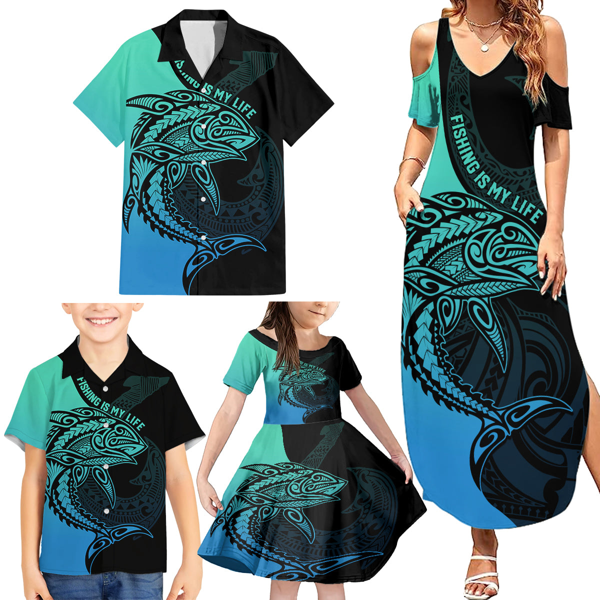 Personalised Polynesia Fishing Family Matching Summer Maxi Dress and Hawaiian Shirt With Maori Hei Matau Fish Hook Turquoise Art - Wonder Print Shop