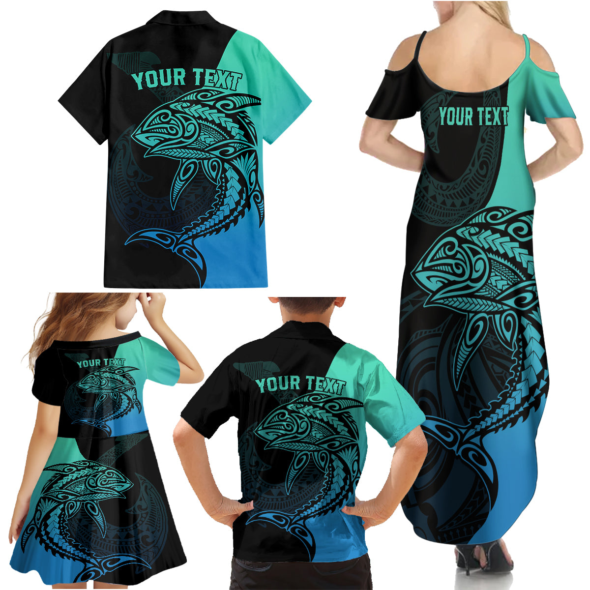 Personalised Polynesia Fishing Family Matching Summer Maxi Dress and Hawaiian Shirt With Maori Hei Matau Fish Hook Turquoise Art - Wonder Print Shop