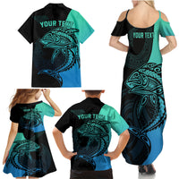 Personalised Polynesia Fishing Family Matching Summer Maxi Dress and Hawaiian Shirt With Maori Hei Matau Fish Hook Turquoise Art - Wonder Print Shop
