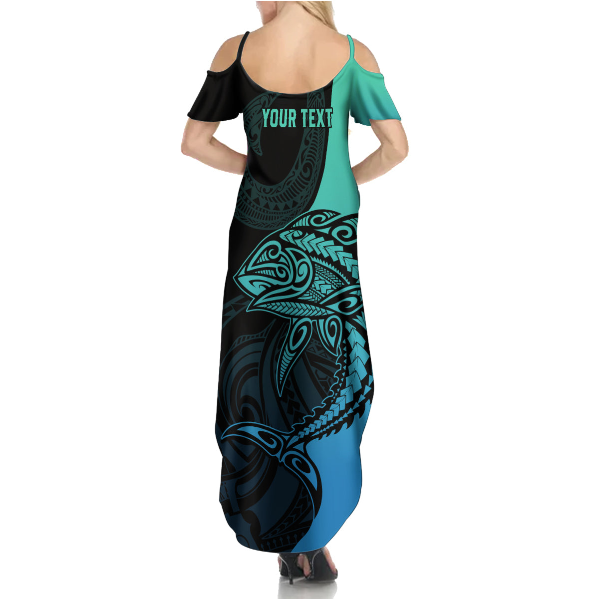 Personalised Polynesia Fishing Family Matching Summer Maxi Dress and Hawaiian Shirt With Maori Hei Matau Fish Hook Turquoise Art - Wonder Print Shop