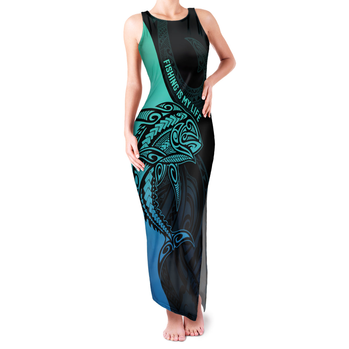 Personalised Polynesia Fishing Family Matching Tank Maxi Dress and Hawaiian Shirt With Maori Hei Matau Fish Hook Turquoise Art - Wonder Print Shop