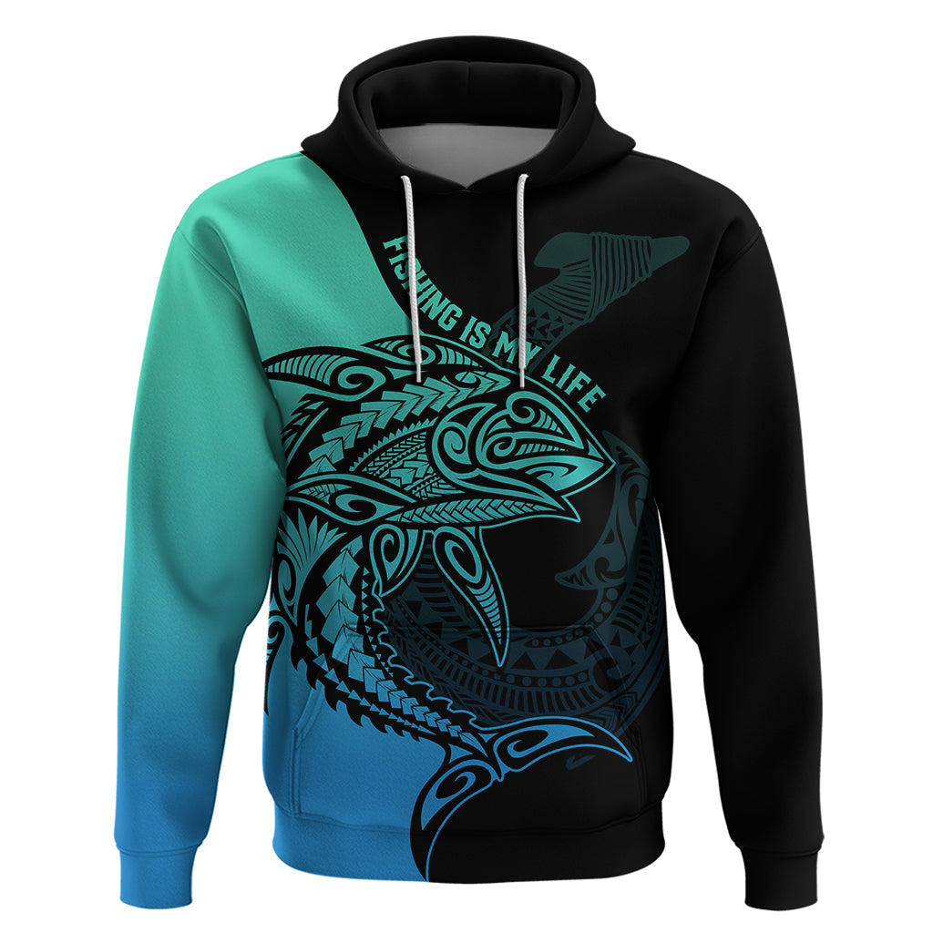 Personalised Polynesia Fishing Hoodie With Maori Hei Matau Fish Hook Turquoise Art - Wonder Print Shop