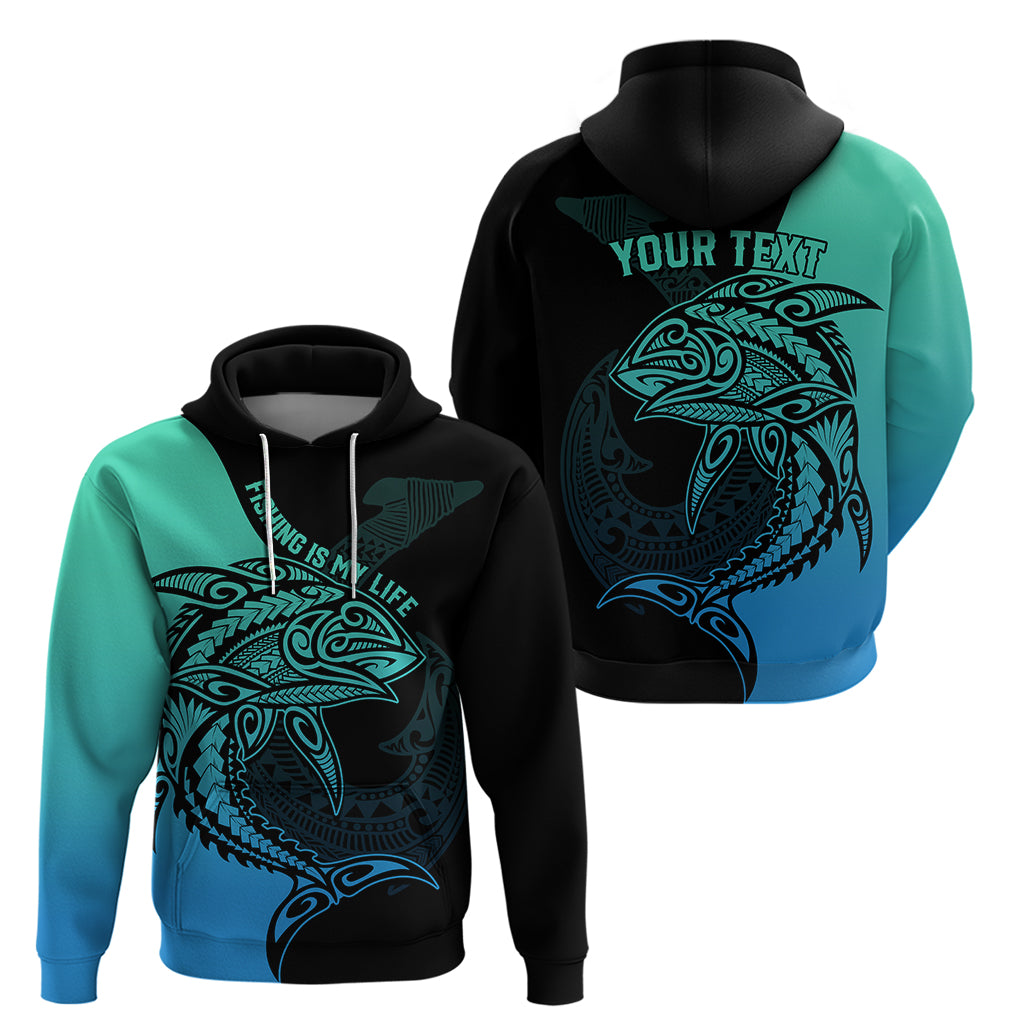 Personalised Polynesia Fishing Hoodie With Maori Hei Matau Fish Hook Turquoise Art - Wonder Print Shop