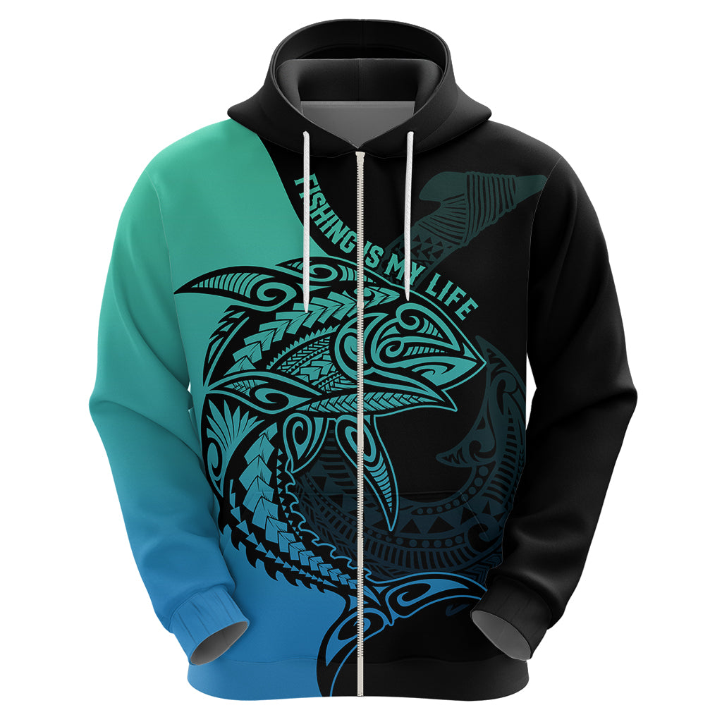 Personalised Polynesia Fishing Hoodie With Maori Hei Matau Fish Hook Turquoise Art - Wonder Print Shop