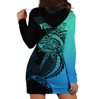 Personalised Polynesia Fishing Hoodie Dress With Maori Hei Matau Fish Hook Turquoise Art - Wonder Print Shop