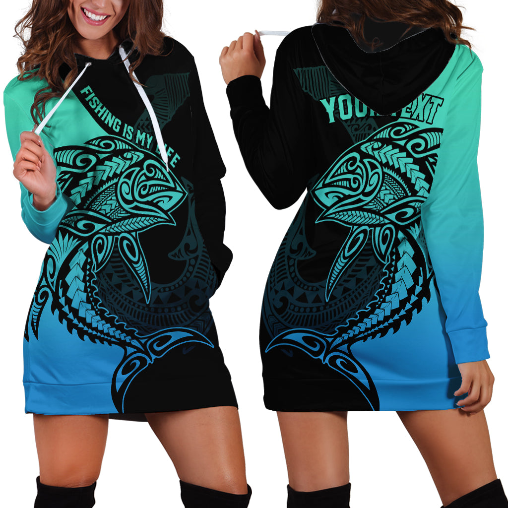 Personalised Polynesia Fishing Hoodie Dress With Maori Hei Matau Fish Hook Turquoise Art - Wonder Print Shop