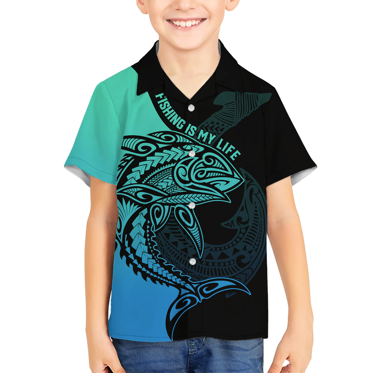 Personalised Polynesia Fishing Kid Hawaiian Shirt With Maori Hei Matau Fish Hook Turquoise Art - Wonder Print Shop