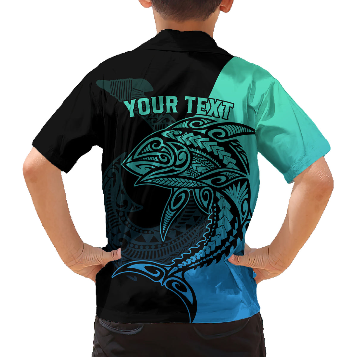 Personalised Polynesia Fishing Kid Hawaiian Shirt With Maori Hei Matau Fish Hook Turquoise Art - Wonder Print Shop