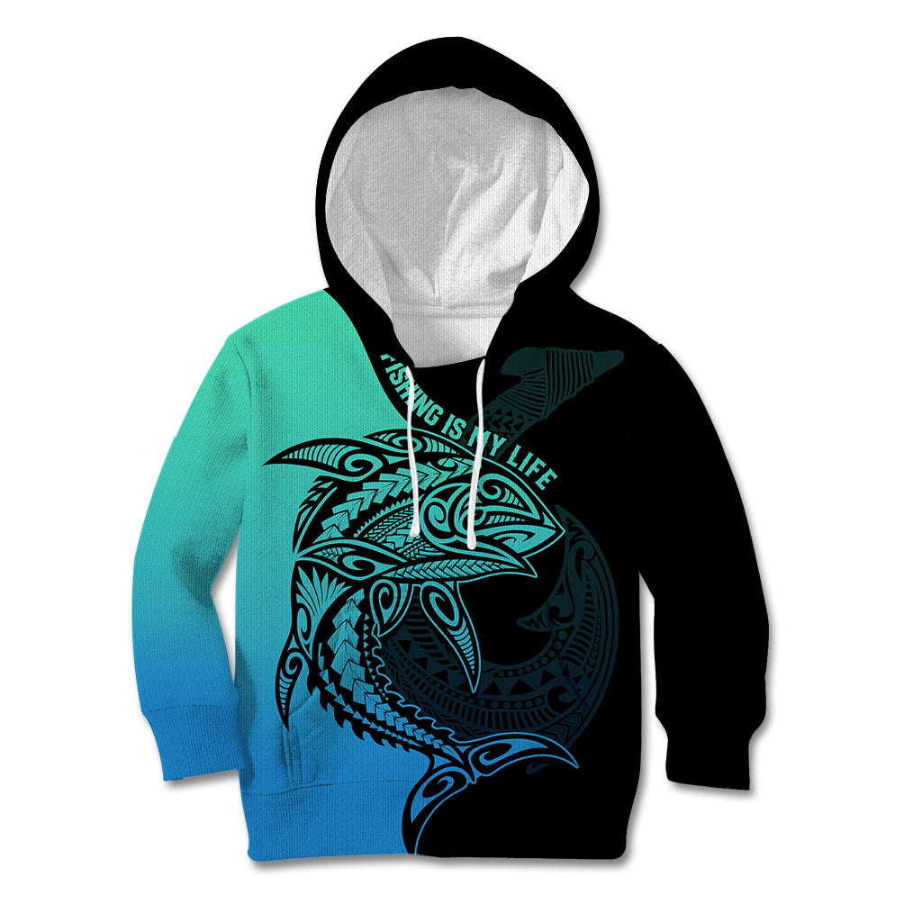 Personalised Polynesia Fishing Kid Hoodie With Maori Hei Matau Fish Hook Turquoise Art - Wonder Print Shop