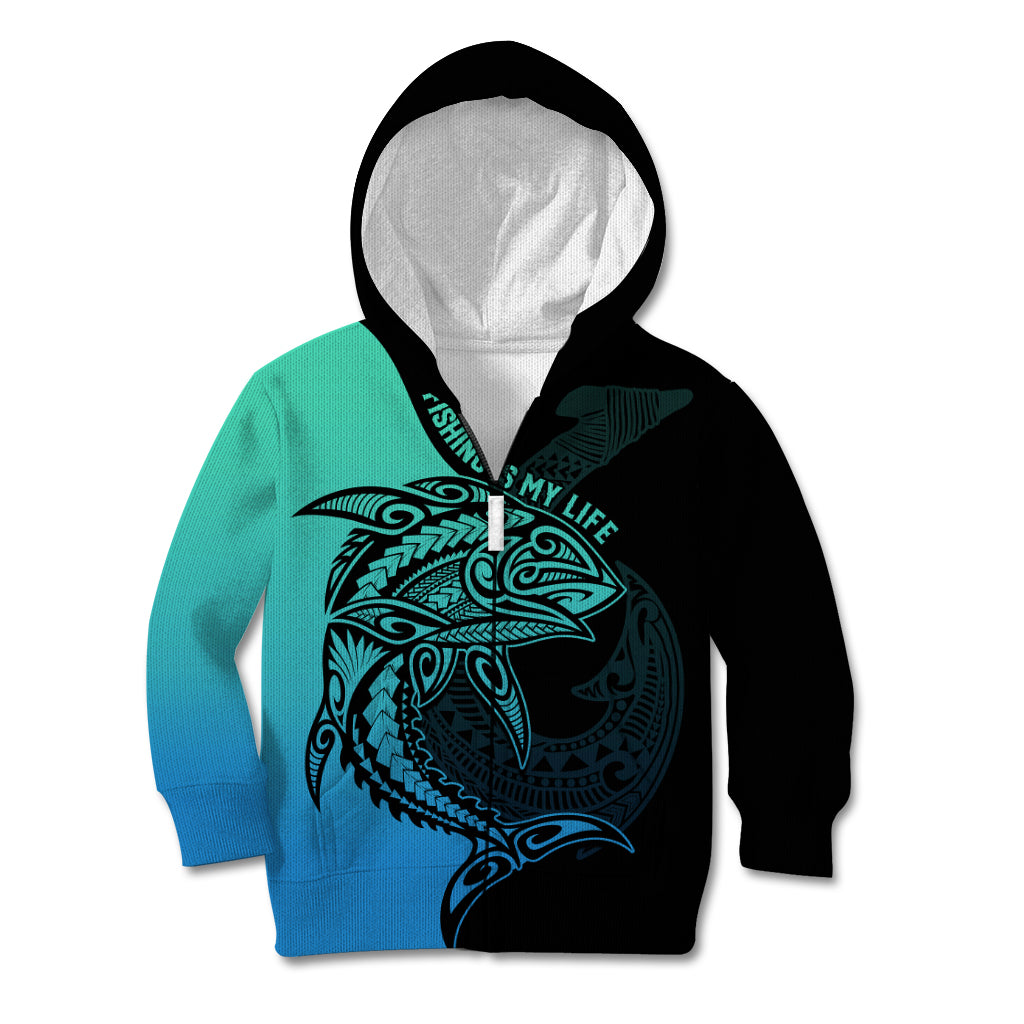 Personalised Polynesia Fishing Kid Hoodie With Maori Hei Matau Fish Hook Turquoise Art - Wonder Print Shop