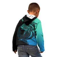 Personalised Polynesia Fishing Kid Hoodie With Maori Hei Matau Fish Hook Turquoise Art - Wonder Print Shop
